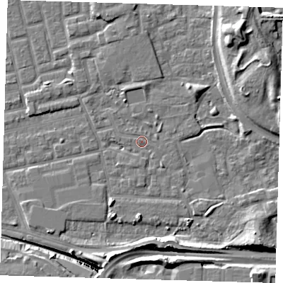 Shaded relief map of the ground around E163HP, computed from Environment Agency LiDAR. The ground here sits at about 2 m above sea level and falls 14 m across the surrounding 800 m. Surface water reaching this point runs off ground lying to the south-east, 1.2 m higher.