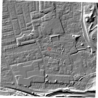 Shaded relief map of the ground around E163HR, computed from Environment Agency LiDAR. The ground here sits at about 2 m above sea level and falls 12 m across the surrounding 800 m. Surface water reaching this point runs off ground lying to the east-north-east, 0.9 m higher.