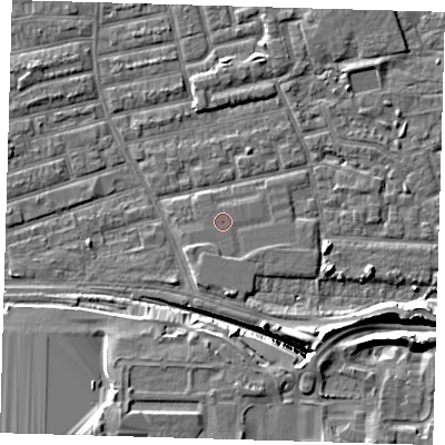 Shaded relief map of the ground around E163HS, computed from Environment Agency LiDAR. The ground here sits at about 2 m above sea level and falls 13 m across the surrounding 800 m. The ground contributing surface water to this point lies to the north-west.