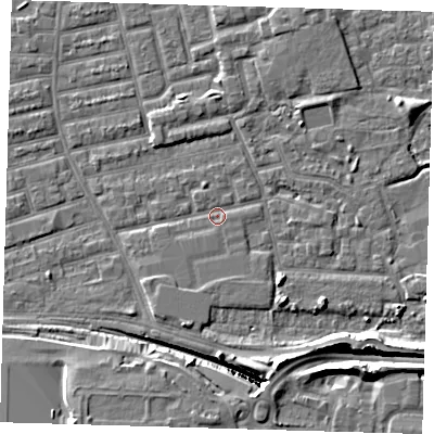 Shaded relief map of the ground around E163HT, computed from Environment Agency LiDAR. The ground here sits at about 2 m above sea level and falls 13 m across the surrounding 800 m. Surface water reaching this point runs off ground lying to the south-east, 3.3 m higher.