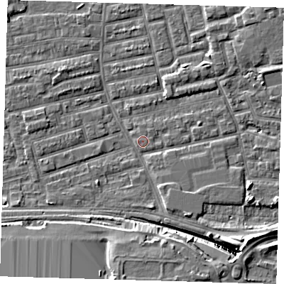 Shaded relief map of the ground around E163HX, computed from Environment Agency LiDAR. The ground here sits at about 1 m above sea level and falls 12 m across the surrounding 800 m. Surface water reaching this point runs off ground lying to the south-east, 11.3 m higher.