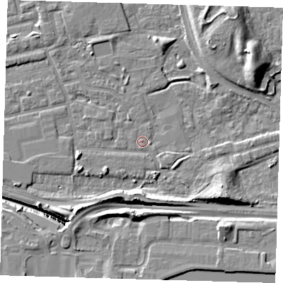Shaded relief map of the ground around E163HY, computed from Environment Agency LiDAR. The ground here sits at about 2 m above sea level and falls 14 m across the surrounding 800 m. Surface water reaching this point runs off ground lying to the east-south-east, 0.7 m higher.