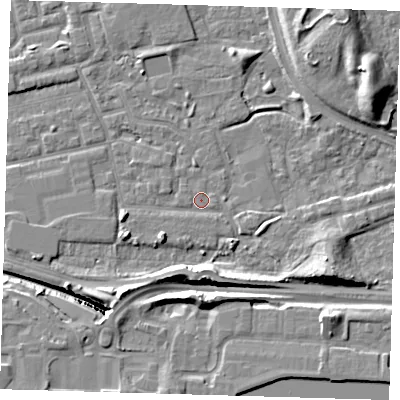 Shaded relief map of the ground around E163HZ, computed from Environment Agency LiDAR. The ground here sits at about 2 m above sea level and falls 14 m across the surrounding 800 m. Surface water reaching this point runs off ground lying to the south-east, 0.8 m higher.