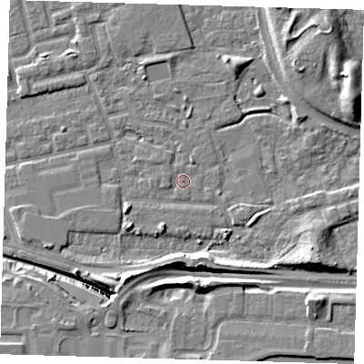 Shaded relief map of the ground around E163JA, computed from Environment Agency LiDAR. The ground here sits at about 2 m above sea level and falls 14 m across the surrounding 800 m. Surface water reaching this point runs off ground lying to the west, 1.0 m higher.