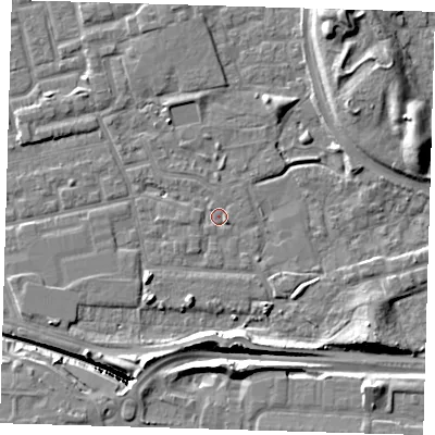 Shaded relief map of the ground around E163JB, computed from Environment Agency LiDAR. The ground here sits at about 2 m above sea level and falls 14 m across the surrounding 800 m. Surface water reaching this point runs off ground lying to the east-south-east, 1.2 m higher.