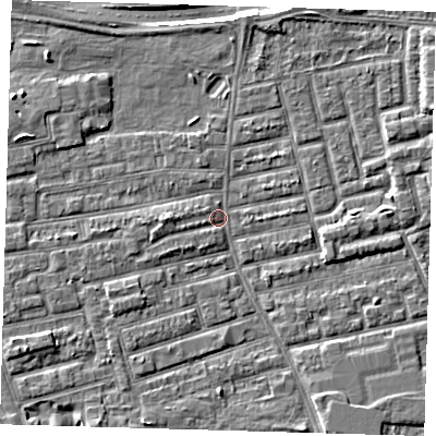 Shaded relief map of the ground around E163JH, computed from Environment Agency LiDAR. The ground here sits at about 1 m above sea level and falls 8 m across the surrounding 800 m. Surface water reaching this point runs off ground lying to the west, 2.2 m higher.