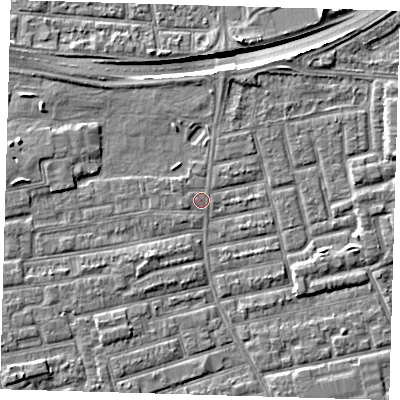 Shaded relief map of the ground around E163JJ, computed from Environment Agency LiDAR. The ground here sits at about 1 m above sea level and falls 9 m across the surrounding 800 m. Surface water reaching this point runs off ground lying to the west-south-west, 0.8 m higher.