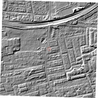 Shaded relief map of the ground around E163JL, computed from Environment Agency LiDAR. The ground here sits at about 2 m above sea level and falls 9 m across the surrounding 800 m. Surface water reaching this point runs off ground lying to the east, 0.7 m higher.