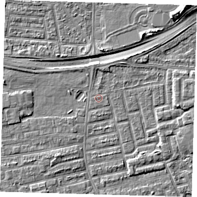 Shaded relief map of the ground around E163JN, computed from Environment Agency LiDAR. The ground here sits at about 2 m above sea level and falls 11 m across the surrounding 800 m. The ground contributing surface water to this point lies to the east.