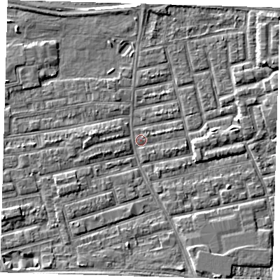 Shaded relief map of the ground around E163JP, computed from Environment Agency LiDAR. The ground here sits at about 1 m above sea level and falls 8 m across the surrounding 800 m. Surface water reaching this point runs off ground lying to the west, 2.0 m higher.