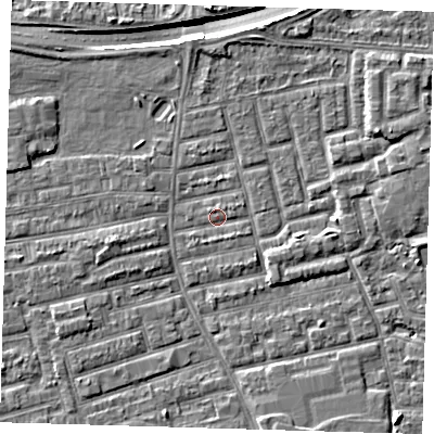 Shaded relief map of the ground around E163JR, computed from Environment Agency LiDAR. The ground here sits at about 2 m above sea level and falls 9 m across the surrounding 800 m. Surface water reaching this point runs off ground lying to the east, 2.2 m higher.