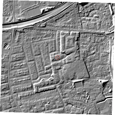 Shaded relief map of the ground around E163JS, computed from Environment Agency LiDAR. The ground here sits at about 2 m above sea level and falls 9 m across the surrounding 800 m. Surface water reaching this point runs off ground lying to the east-north-east, 2.4 m higher.
