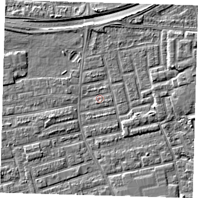 Shaded relief map of the ground around E163JT, computed from Environment Agency LiDAR. The ground here sits at about 1 m above sea level and falls 9 m across the surrounding 800 m. Surface water reaching this point runs off ground lying to the south-south-east, 1.0 m higher.