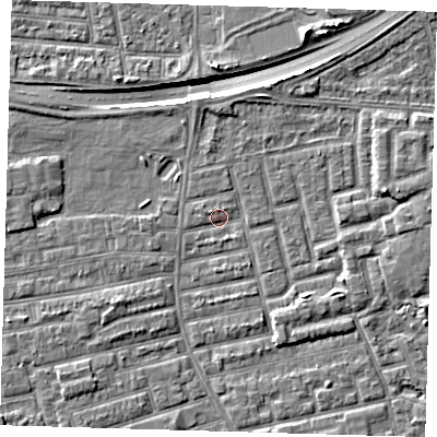 Shaded relief map of the ground around E163JU, computed from Environment Agency LiDAR. The ground here sits at about 2 m above sea level and falls 9 m across the surrounding 800 m. Surface water reaching this point runs off ground lying to the north, 1.1 m higher.