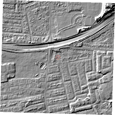 Shaded relief map of the ground around E163JY, computed from Environment Agency LiDAR. The ground here sits at about 2 m above sea level and falls 15 m across the surrounding 800 m. Surface water reaching this point runs off ground lying to the north, 1.5 m higher.