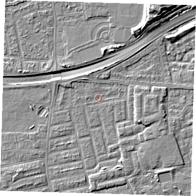 Shaded relief map of the ground around E163JZ, computed from Environment Agency LiDAR. The ground here sits at about 1 m above sea level and falls 15 m across the surrounding 800 m. Surface water reaching this point runs off ground lying to the east-south-east, 2.7 m higher.