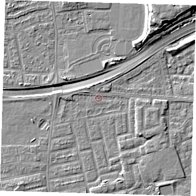 Shaded relief map of the ground around E163LA, computed from Environment Agency LiDAR. The ground here sits at about 2 m above sea level and falls 16 m across the surrounding 800 m. Surface water reaching this point runs off ground lying to the south-east, 2.8 m higher.