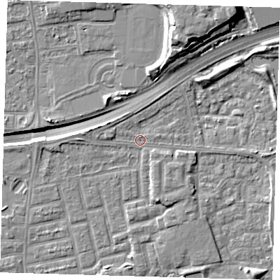 Shaded relief map of the ground around E163LB, computed from Environment Agency LiDAR. The ground here sits at about 1 m above sea level and falls 16 m across the surrounding 800 m. Surface water reaching this point runs off ground lying to the south-south-east, 2.8 m higher.
