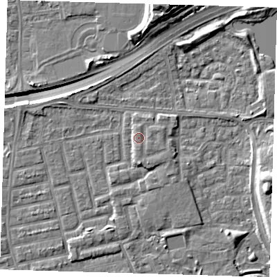 Shaded relief map of the ground around E163LE, computed from Environment Agency LiDAR. The ground here sits at about 3 m above sea level and falls 15 m across the surrounding 800 m. Surface water reaching this point runs off ground lying to the south-west, 1.6 m higher.