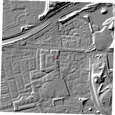 Shaded relief map of the ground around E163LF, computed from Environment Agency LiDAR. The ground here sits at about 2 m above sea level and falls 15 m across the surrounding 800 m. Surface water reaching this point runs off ground lying to the south-west, 3.4 m higher.