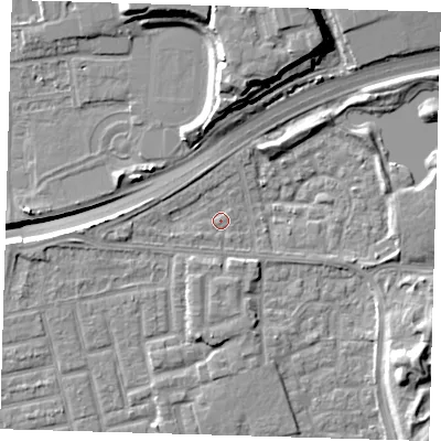 Shaded relief map of the ground around E163LG, computed from Environment Agency LiDAR. The ground here sits at about 1 m above sea level and falls 16 m across the surrounding 800 m. Surface water reaching this point runs off ground lying to the east, 3.6 m higher.