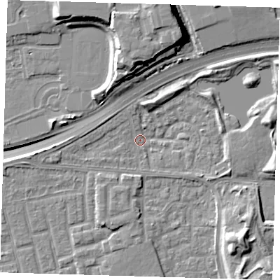 Shaded relief map of the ground around E163LJ, computed from Environment Agency LiDAR. The ground here sits at about 1 m above sea level and falls 15 m across the surrounding 800 m. Surface water reaching this point runs off ground lying to the west-south-west, 2.1 m higher.