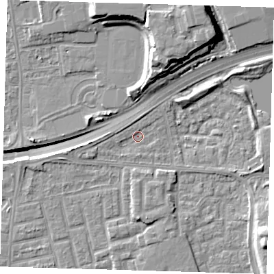 Shaded relief map of the ground around E163LL, computed from Environment Agency LiDAR. The ground here sits at about 1 m above sea level and falls 16 m across the surrounding 800 m. Surface water reaching this point runs off ground lying to the east, 3.6 m higher.