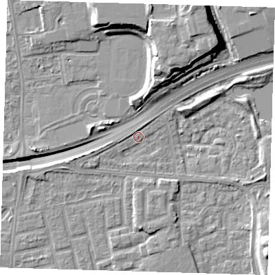Shaded relief map of the ground around E163LN, computed from Environment Agency LiDAR. The ground here sits at about 2 m above sea level and falls 16 m across the surrounding 800 m. Surface water reaching this point runs off ground lying to the east-south-east, 3.6 m higher.