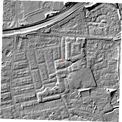 Shaded relief map of the ground around E163LP, computed from Environment Agency LiDAR. The ground here sits at about 2 m above sea level and falls 10 m across the surrounding 800 m. Surface water reaching this point runs off ground lying to the east, 2.6 m higher.