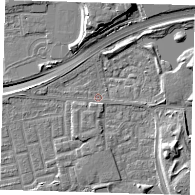 Shaded relief map of the ground around E163LQ, computed from Environment Agency LiDAR. The ground here sits at about 1 m above sea level and falls 15 m across the surrounding 800 m. Surface water reaching this point runs off ground lying to the south-south-west, 2.8 m higher.