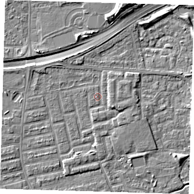 Shaded relief map of the ground around E163LR, computed from Environment Agency LiDAR. The ground here sits at about 2 m above sea level and falls 12 m across the surrounding 800 m. Surface water reaching this point runs off ground lying to the east-south-east, 2.6 m higher.