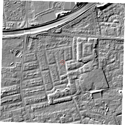 Shaded relief map of the ground around E163LS, computed from Environment Agency LiDAR. The ground here sits at about 2 m above sea level and falls 9 m across the surrounding 800 m. Surface water reaching this point runs off ground lying to the east, 2.6 m higher.