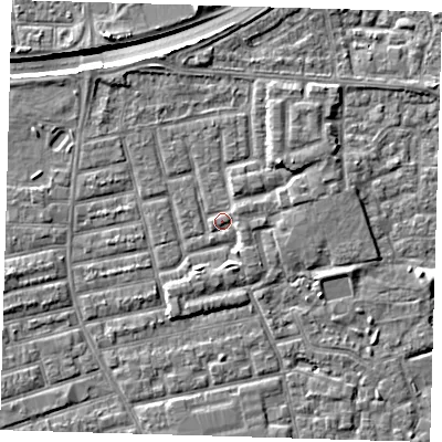 Shaded relief map of the ground around E163LT, computed from Environment Agency LiDAR. The ground here sits at about 2 m above sea level and falls 9 m across the surrounding 800 m. Surface water reaching this point runs off ground lying to the north-east, 1.3 m higher.