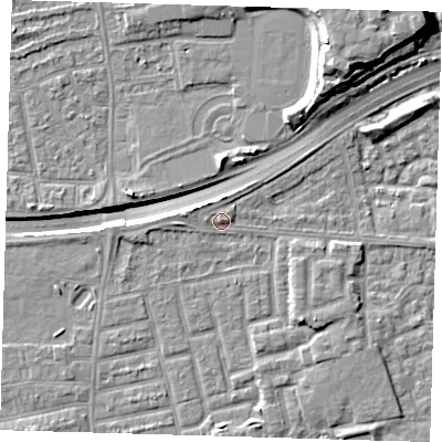 Shaded relief map of the ground around E163LW, computed from Environment Agency LiDAR. The ground here sits at about 2 m above sea level and falls 16 m across the surrounding 800 m. Surface water reaching this point runs off ground lying to the south-east, 2.8 m higher.