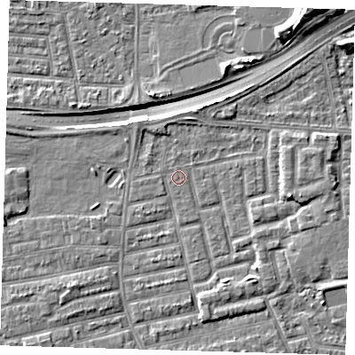 Shaded relief map of the ground around E163LX, computed from Environment Agency LiDAR. The ground here sits at about 2 m above sea level and falls 12 m across the surrounding 800 m. The ground contributing surface water to this point lies to the south-east.