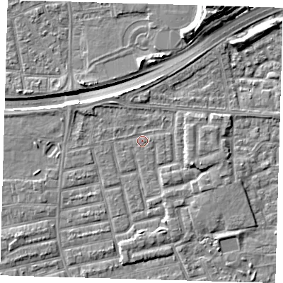 Shaded relief map of the ground around E163LY, computed from Environment Agency LiDAR. The ground here sits at about 2 m above sea level and falls 15 m across the surrounding 800 m. Surface water reaching this point runs off ground lying to the east-south-east, 2.7 m higher.
