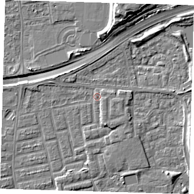Shaded relief map of the ground around E163LZ, computed from Environment Agency LiDAR. The ground here sits at about 2 m above sea level and falls 15 m across the surrounding 800 m. Surface water reaching this point runs off ground lying to the south-south-east, 2.7 m higher.