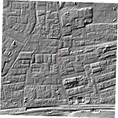 Shaded relief map of the ground around E163NA, computed from Environment Agency LiDAR. The ground here sits at about 2 m above sea level and falls 8 m across the surrounding 800 m. Surface water reaching this point runs off ground lying to the south-south-east, 0.6 m higher.