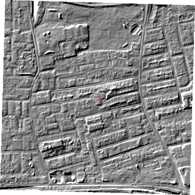 Shaded relief map of the ground around E163NB, computed from Environment Agency LiDAR. The ground here sits at about 2 m above sea level and falls 7 m across the surrounding 800 m. Surface water reaching this point runs off ground lying to the south-south-east, 0.6 m higher.