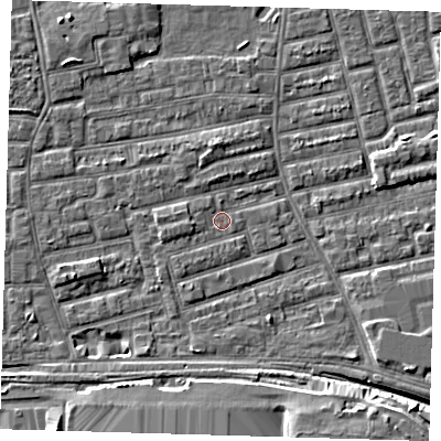 Shaded relief map of the ground around E163NE, computed from Environment Agency LiDAR. The ground here sits at about 1 m above sea level and falls 8 m across the surrounding 800 m. Surface water reaching this point runs off ground lying to the west, 1.7 m higher.