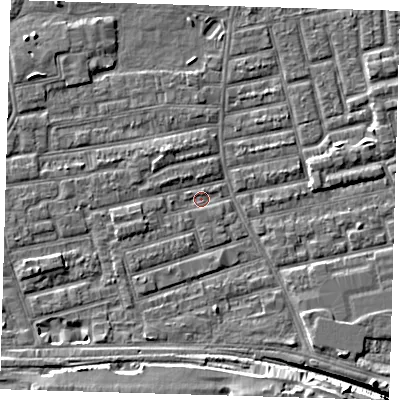 Shaded relief map of the ground around E163NF, computed from Environment Agency LiDAR. The ground here sits at about 1 m above sea level and falls 9 m across the surrounding 800 m. Surface water reaching this point runs off ground lying to the west-south-west, 1.7 m higher.