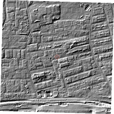 Shaded relief map of the ground around E163NG, computed from Environment Agency LiDAR. The ground here sits at about 2 m above sea level and falls 9 m across the surrounding 800 m. Surface water reaching this point runs off ground lying to the south-east, 0.9 m higher.