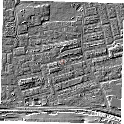 Shaded relief map of the ground around E163NH, computed from Environment Agency LiDAR. The ground here sits at about 2 m above sea level and falls 8 m across the surrounding 800 m. Surface water reaching this point runs off ground lying to the north, 1.4 m higher.