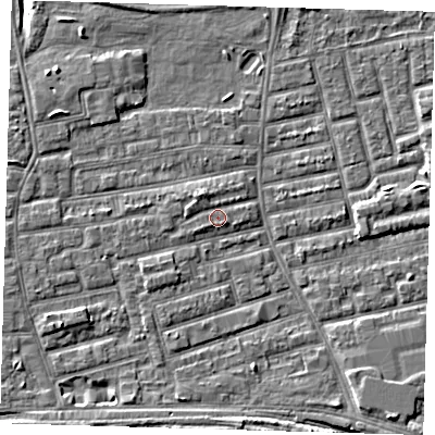 Shaded relief map of the ground around E163NJ, computed from Environment Agency LiDAR. The ground here sits at about 2 m above sea level and falls 7 m across the surrounding 800 m. Surface water reaching this point runs off ground lying to the north-north-west, 1.5 m higher.