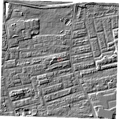 Shaded relief map of the ground around E163NL, computed from Environment Agency LiDAR. The ground here sits at about 2 m above sea level and falls 9 m across the surrounding 800 m. Surface water reaching this point runs off ground lying to the west-north-west, 1.5 m higher.