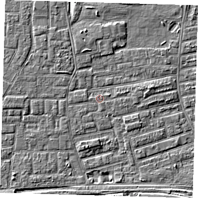 Shaded relief map of the ground around E163NN, computed from Environment Agency LiDAR. The ground here sits at about 2 m above sea level and falls 8 m across the surrounding 800 m. Surface water reaching this point runs off ground lying to the east-north-east, 1.3 m higher.