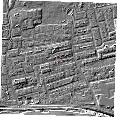Shaded relief map of the ground around E163NQ, computed from Environment Agency LiDAR. The ground here sits at about 1 m above sea level and falls 7 m across the surrounding 800 m. Surface water reaching this point runs off ground lying to the south-east, 3.1 m higher.