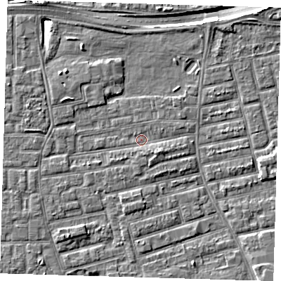 Shaded relief map of the ground around E163NR, computed from Environment Agency LiDAR. The ground here sits at about 1 m above sea level and falls 10 m across the surrounding 800 m. Surface water reaching this point runs off ground lying to the north-west, 8.6 m higher.