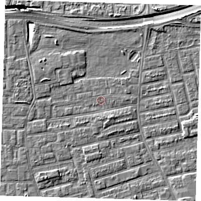 Shaded relief map of the ground around E163NT, computed from Environment Agency LiDAR. The ground here sits at about 1 m above sea level and falls 10 m across the surrounding 800 m. Surface water reaching this point runs off ground lying to the north-west, 8.6 m higher.