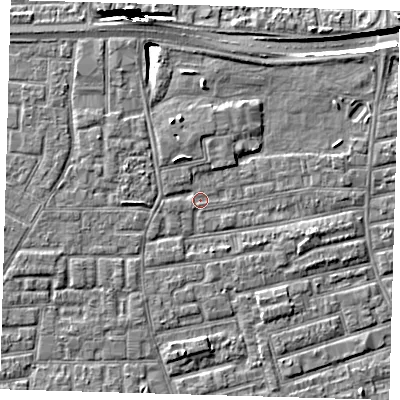 Shaded relief map of the ground around E163NU, computed from Environment Agency LiDAR. The ground here sits at about 1 m above sea level and falls 10 m across the surrounding 800 m. Surface water reaching this point runs off ground lying to the west-north-west, 1.5 m higher.